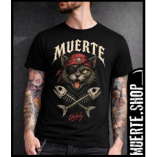 Черна тениска MUERTE PIRATE CAT – пиратска котка с кръстосани рибени кости