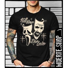Черна тениска KILL NOW DIE LATER с щампа Черна тениска KILL NOW DIE LATER с щампа